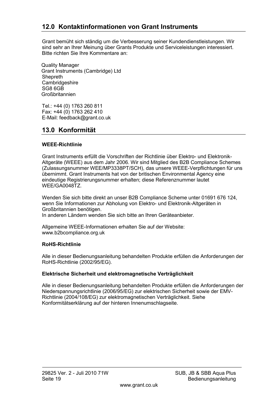 0 kontaktinformationen von grant instruments, 0 konformität | Grant Instruments SBB Aqua Plus User Manual | Page 60 / 104