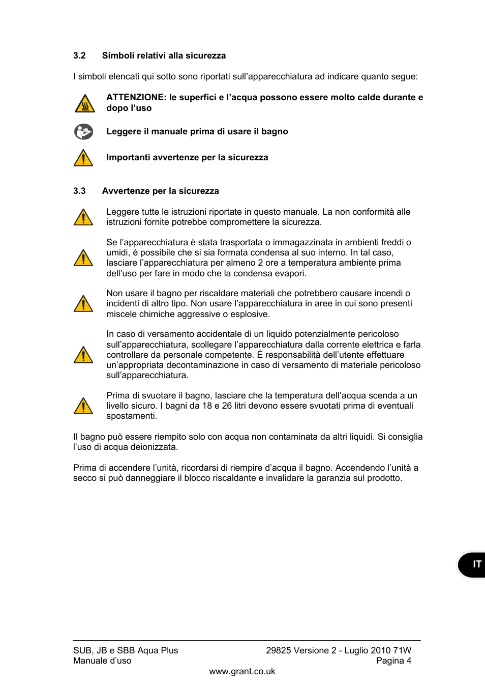 Simboli relativi alla sicurezza, Avvertenze per la sicurezza | Grant Instruments SBB Aqua Plus User Manual | Page 65 / 104