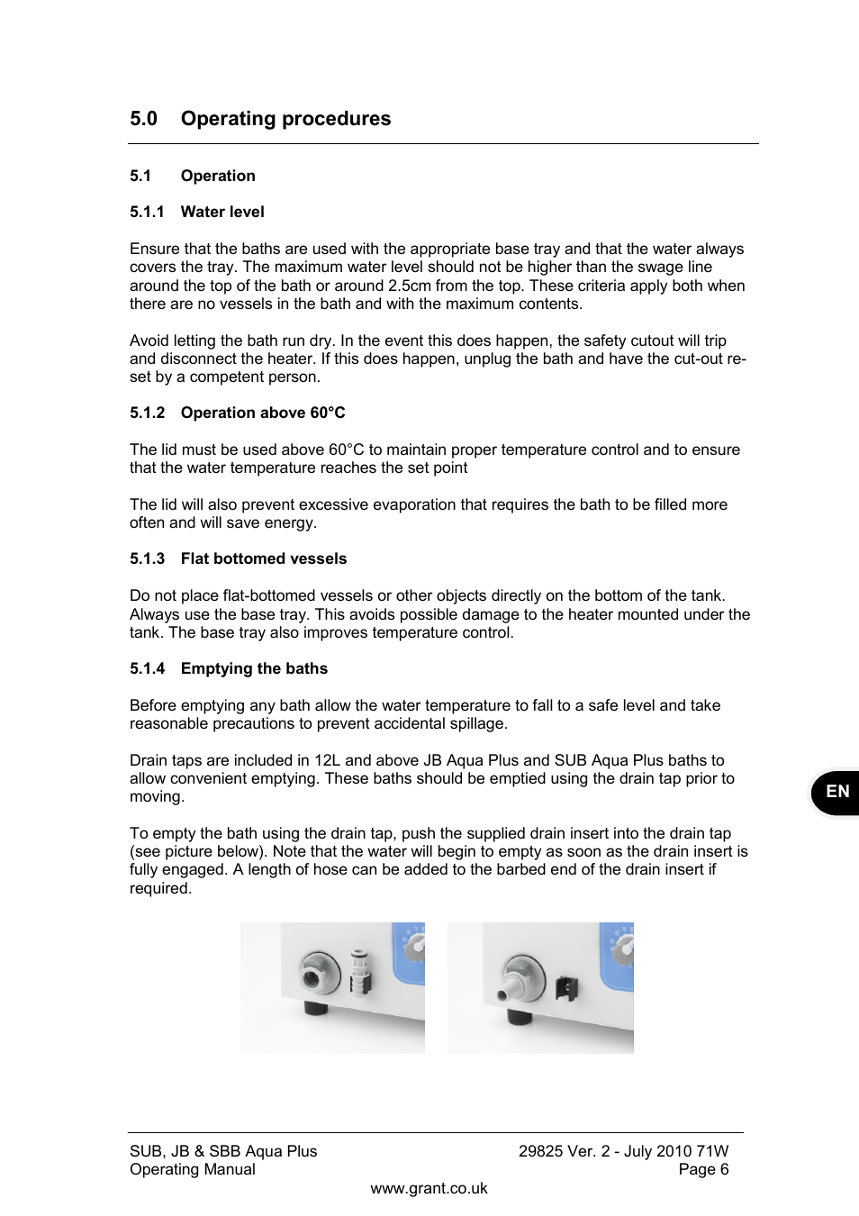 0 operating procedures, Operation, Water level | Operation above 60°c, Flat bottomed vessels, Emptying the baths | Grant Instruments SBB Aqua Plus User Manual | Page 7 / 104