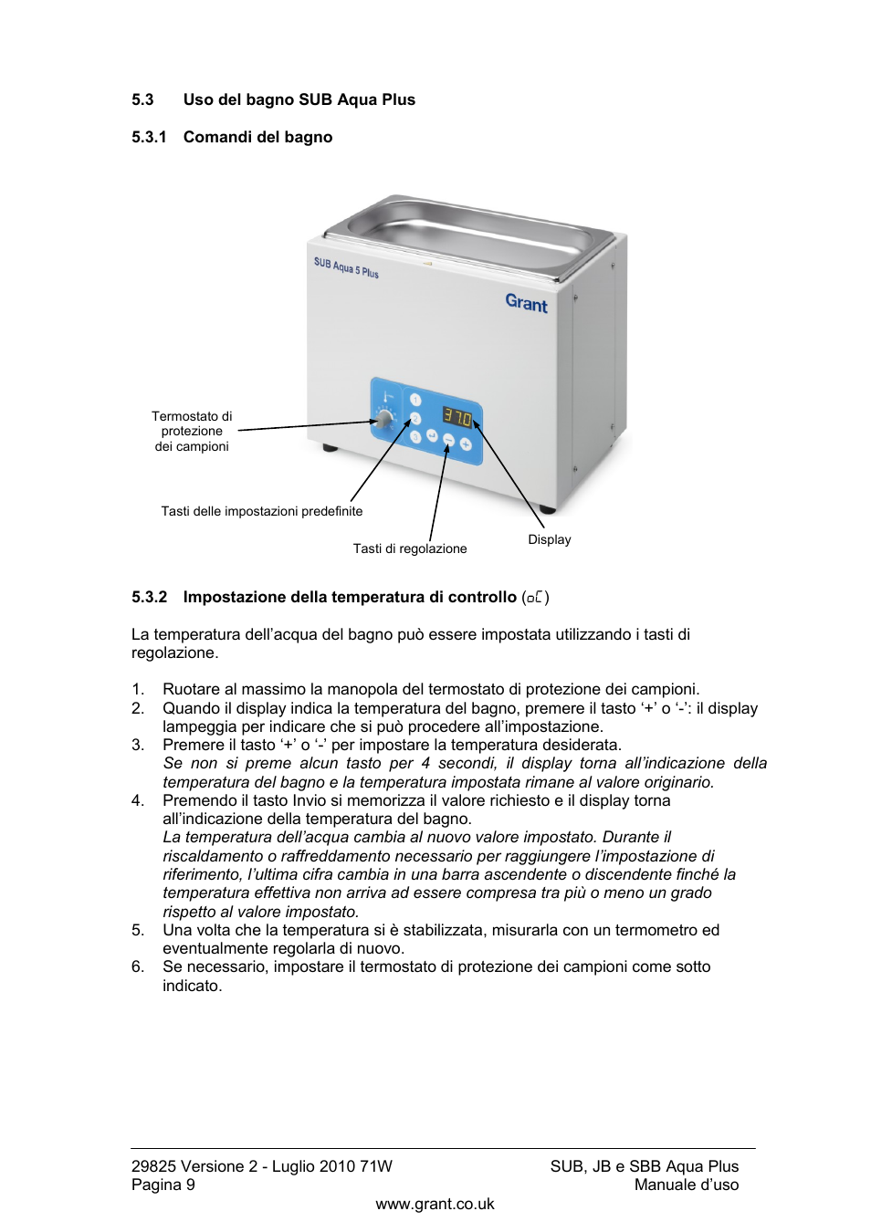 Uso del bagno sub aqua plus, Comandi del bagno, Impostazione della temperatura di controllo | Grant Instruments SBB Aqua Plus User Manual | Page 70 / 104