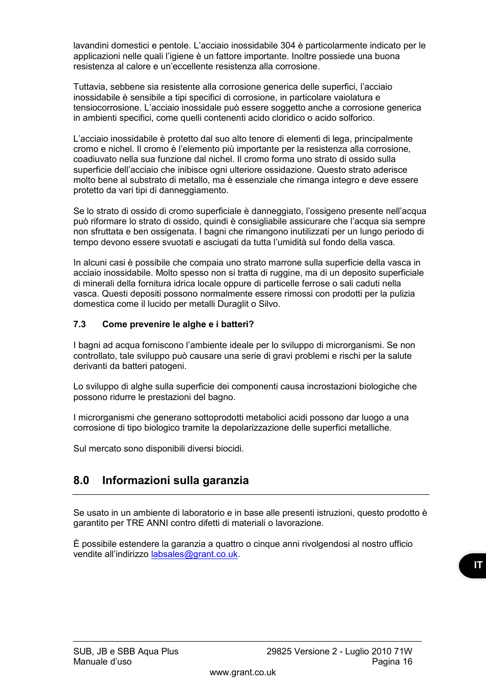 Come prevenire le alghe e i batteri, 0 informazioni sulla garanzia | Grant Instruments SBB Aqua Plus User Manual | Page 77 / 104