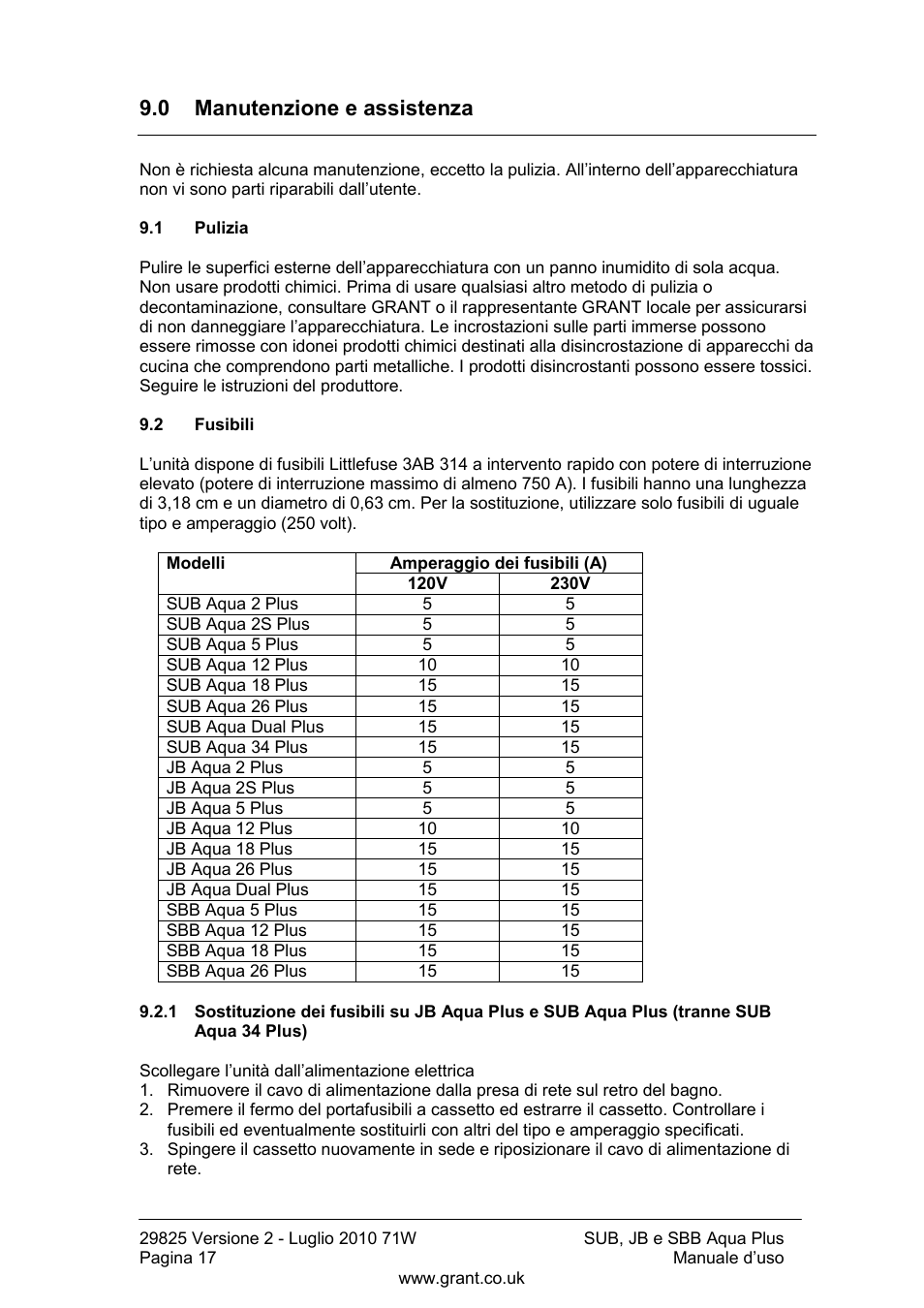 0 manutenzione e assistenza, Pulizia, Fusibili | Grant Instruments SBB Aqua Plus User Manual | Page 78 / 104