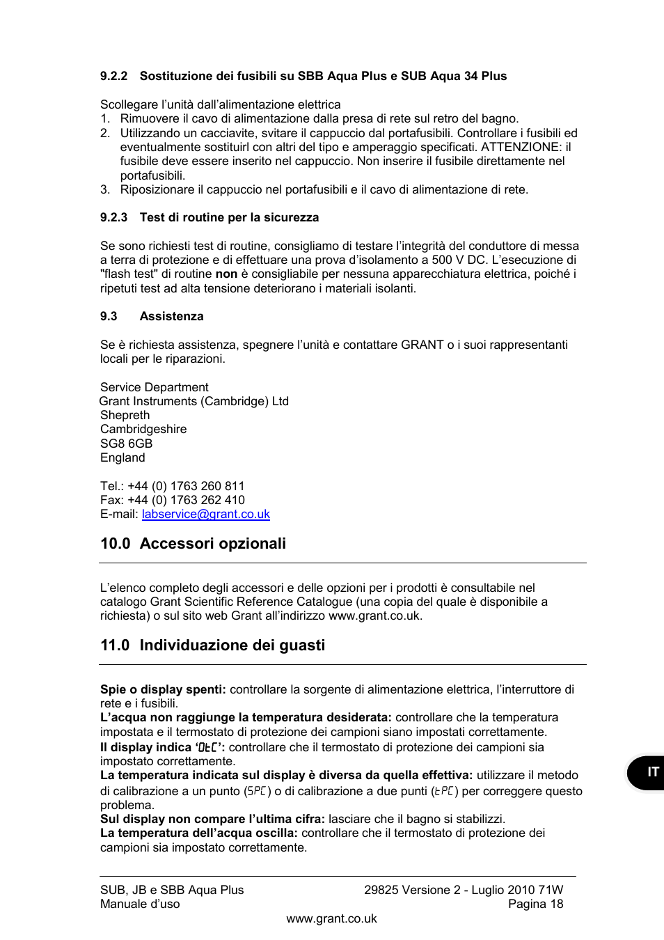 Test di routine per la sicurezza, Assistenza, 0 accessori opzionali | 0 individuazione dei guasti | Grant Instruments SBB Aqua Plus User Manual | Page 79 / 104