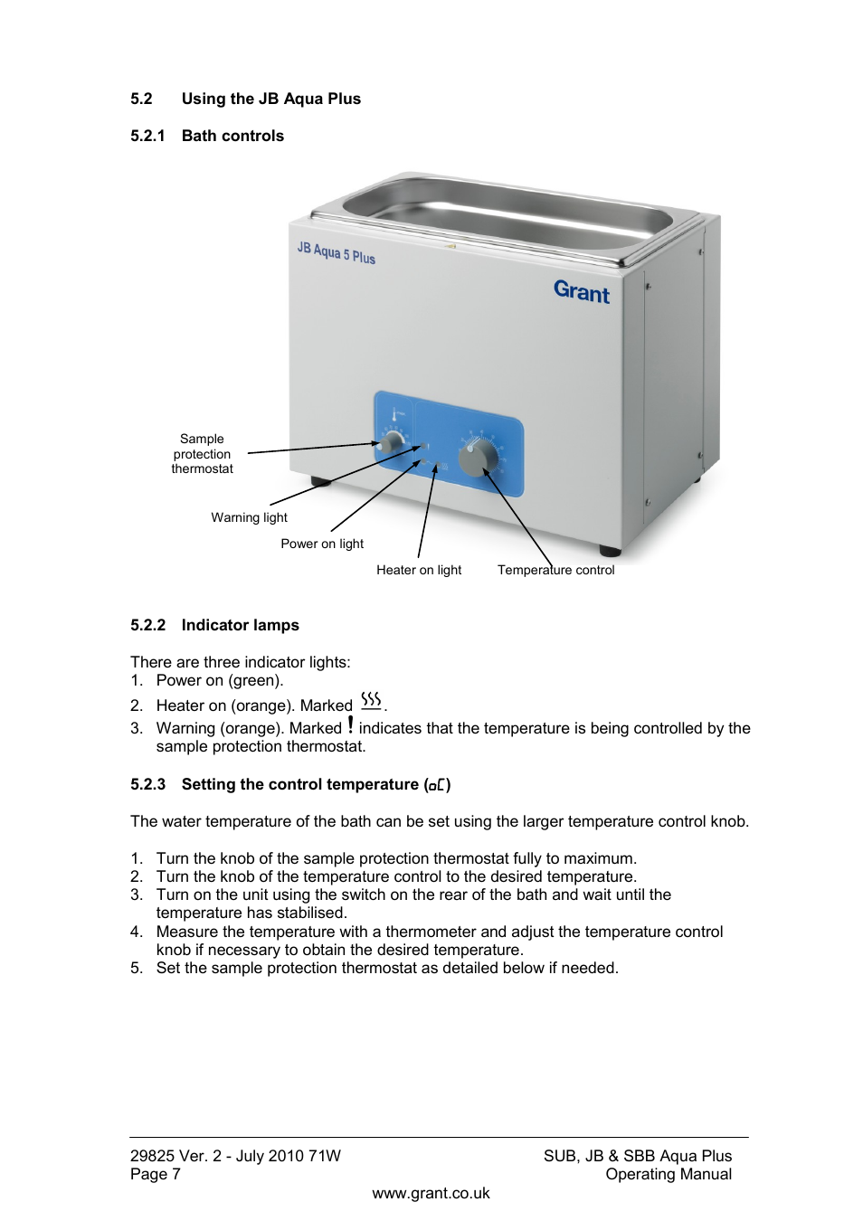 Using the jb aqua plus, Bath controls, Indicator lamps | Setting the control temperature) | Grant Instruments SBB Aqua Plus User Manual | Page 8 / 104