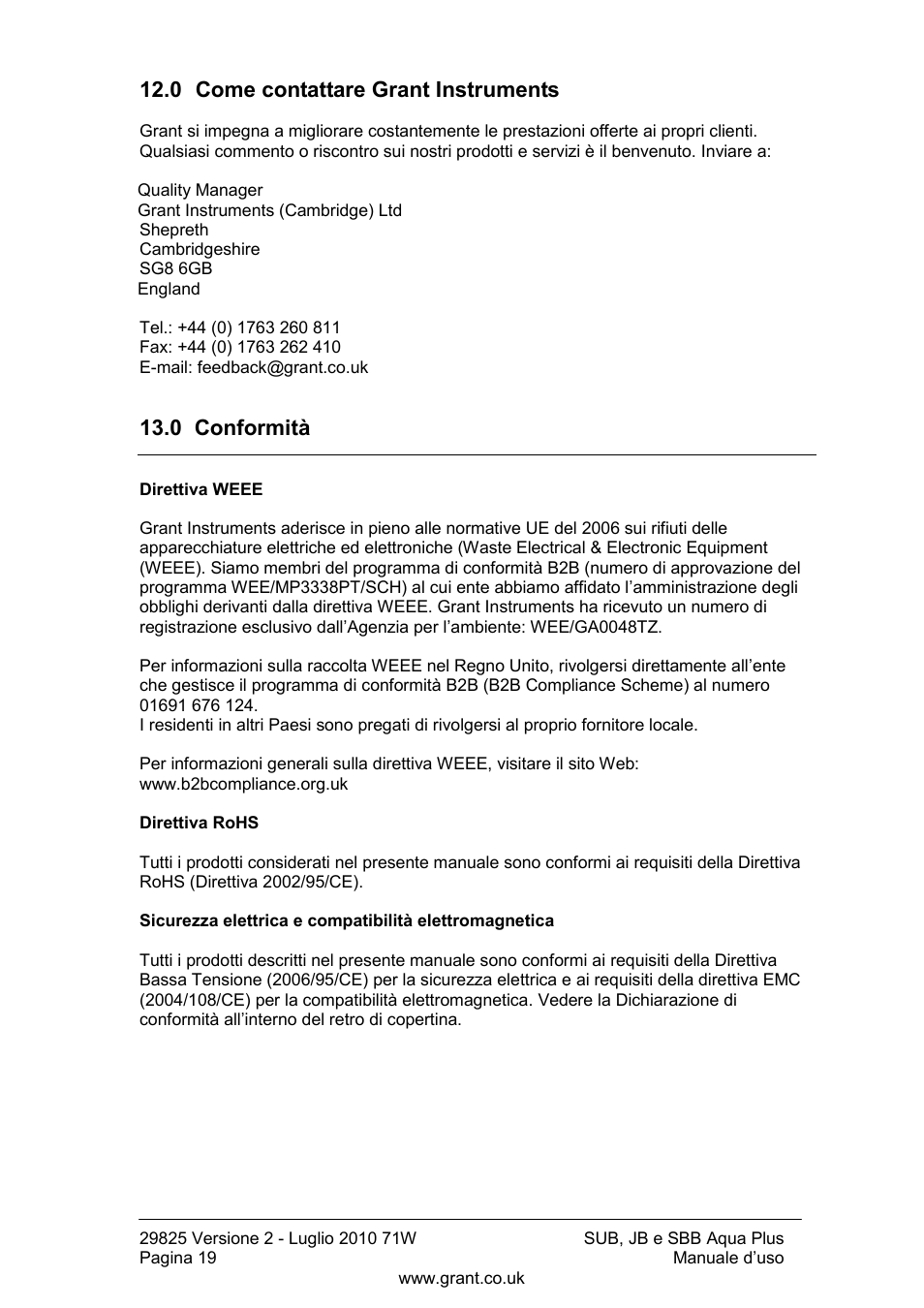 0 come contattare grant instruments, 0 conformità | Grant Instruments SBB Aqua Plus User Manual | Page 80 / 104