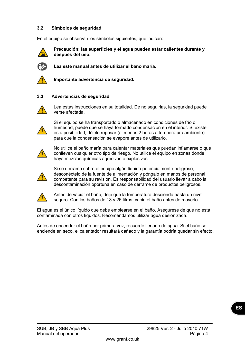 Símbolos de seguridad, Advertencias de seguridad | Grant Instruments SBB Aqua Plus User Manual | Page 85 / 104