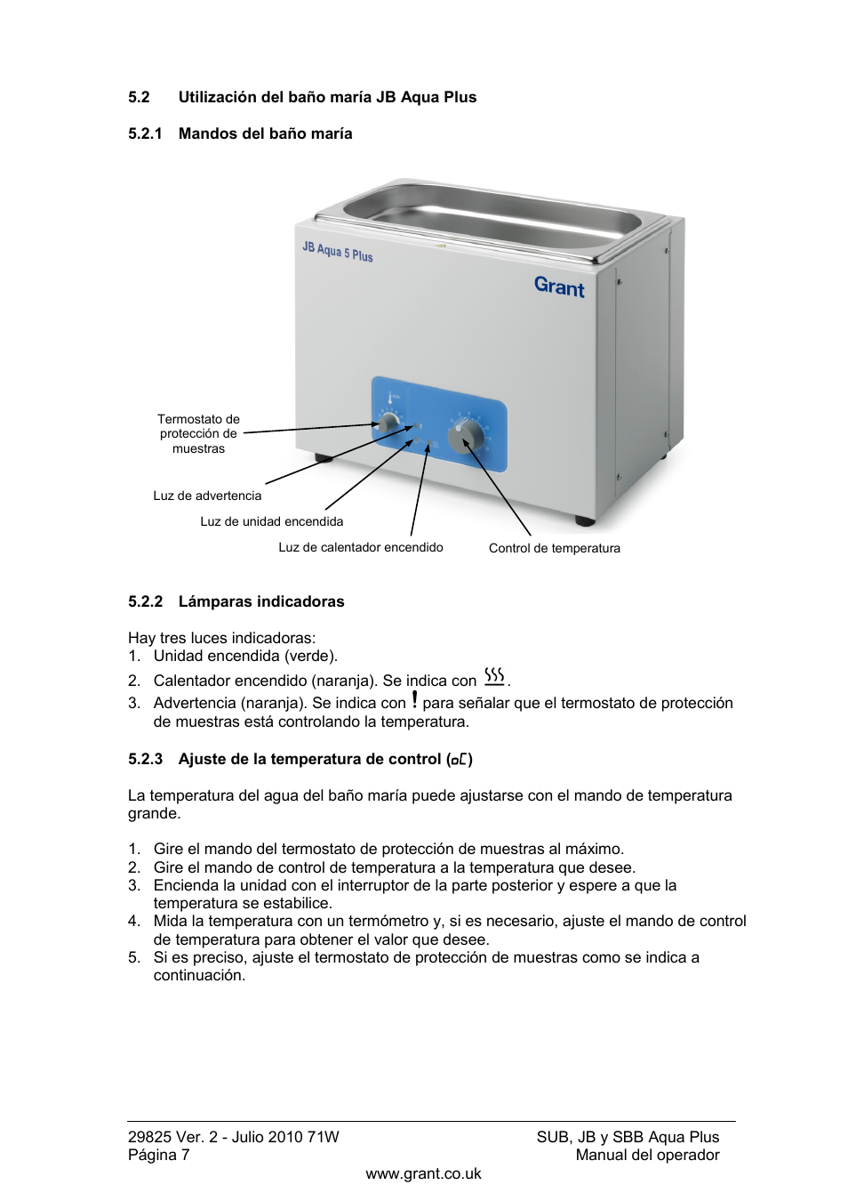 Utilización del baño maría jb aqua plus, Mandos del baño maría, Lámparas indicadoras | Ajuste de la temperatura de control | Grant Instruments SBB Aqua Plus User Manual | Page 88 / 104