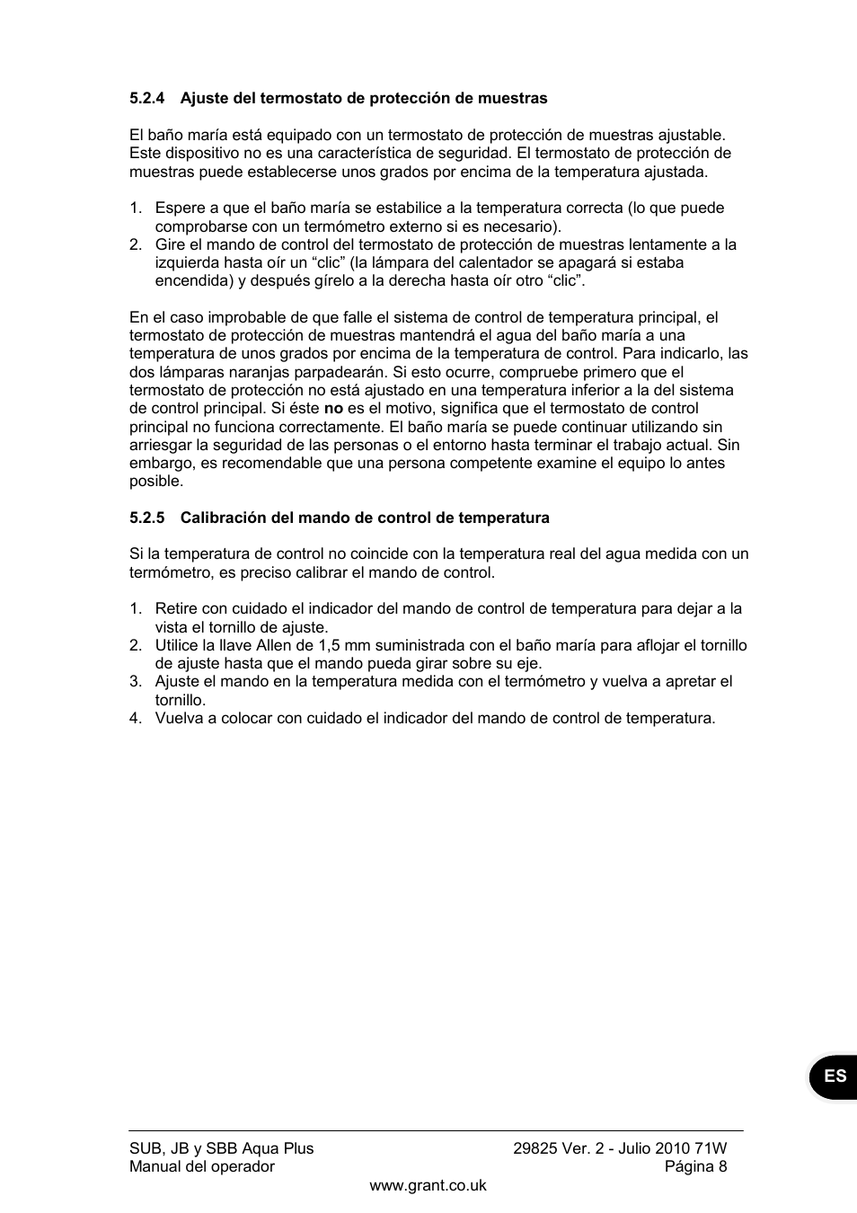 Ajuste del termostato de protección de muestras, Calibración del mando de control de temperatura | Grant Instruments SBB Aqua Plus User Manual | Page 89 / 104