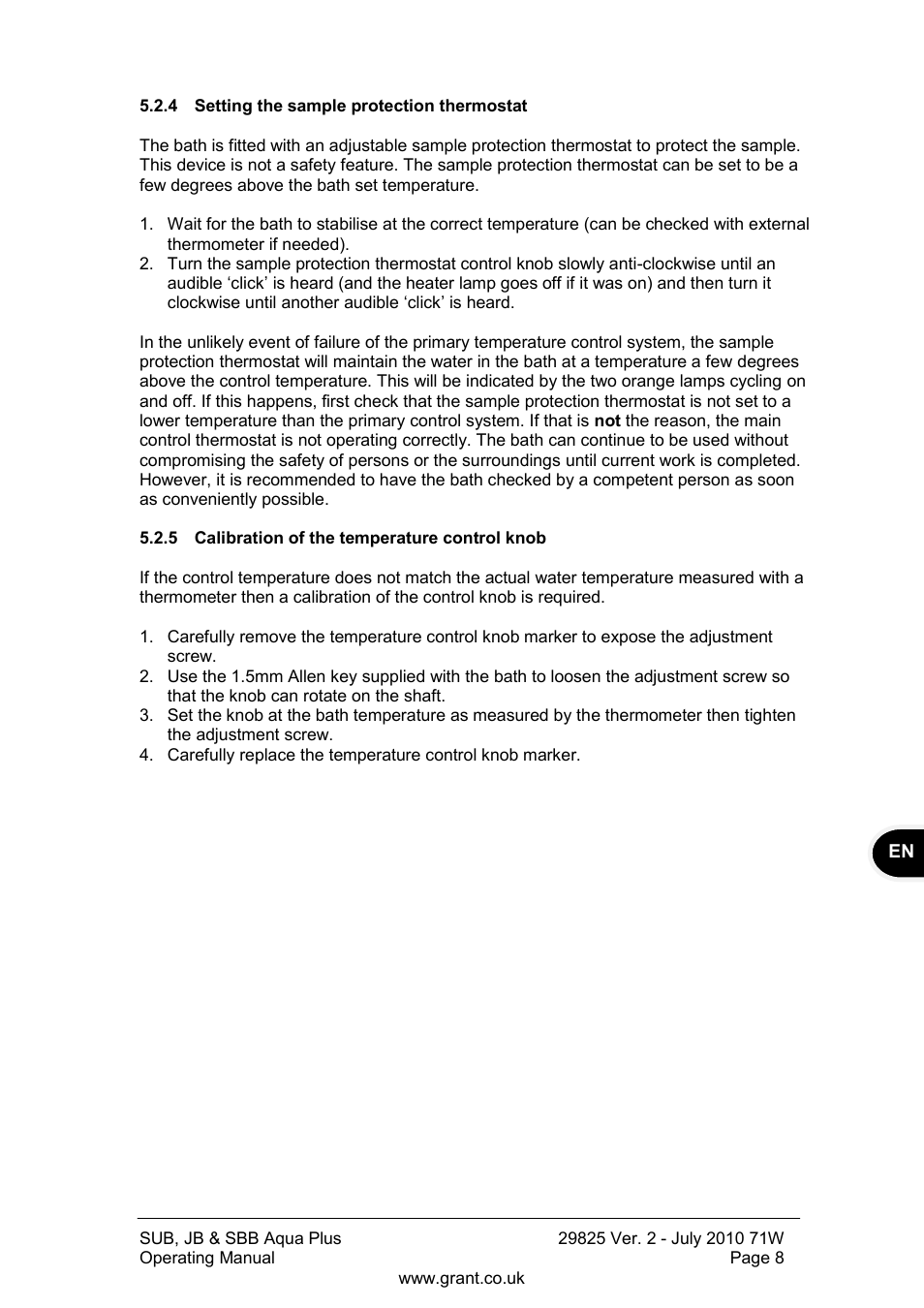 Setting the sample protection thermostat, Calibration of the temperature control knob | Grant Instruments SBB Aqua Plus User Manual | Page 9 / 104