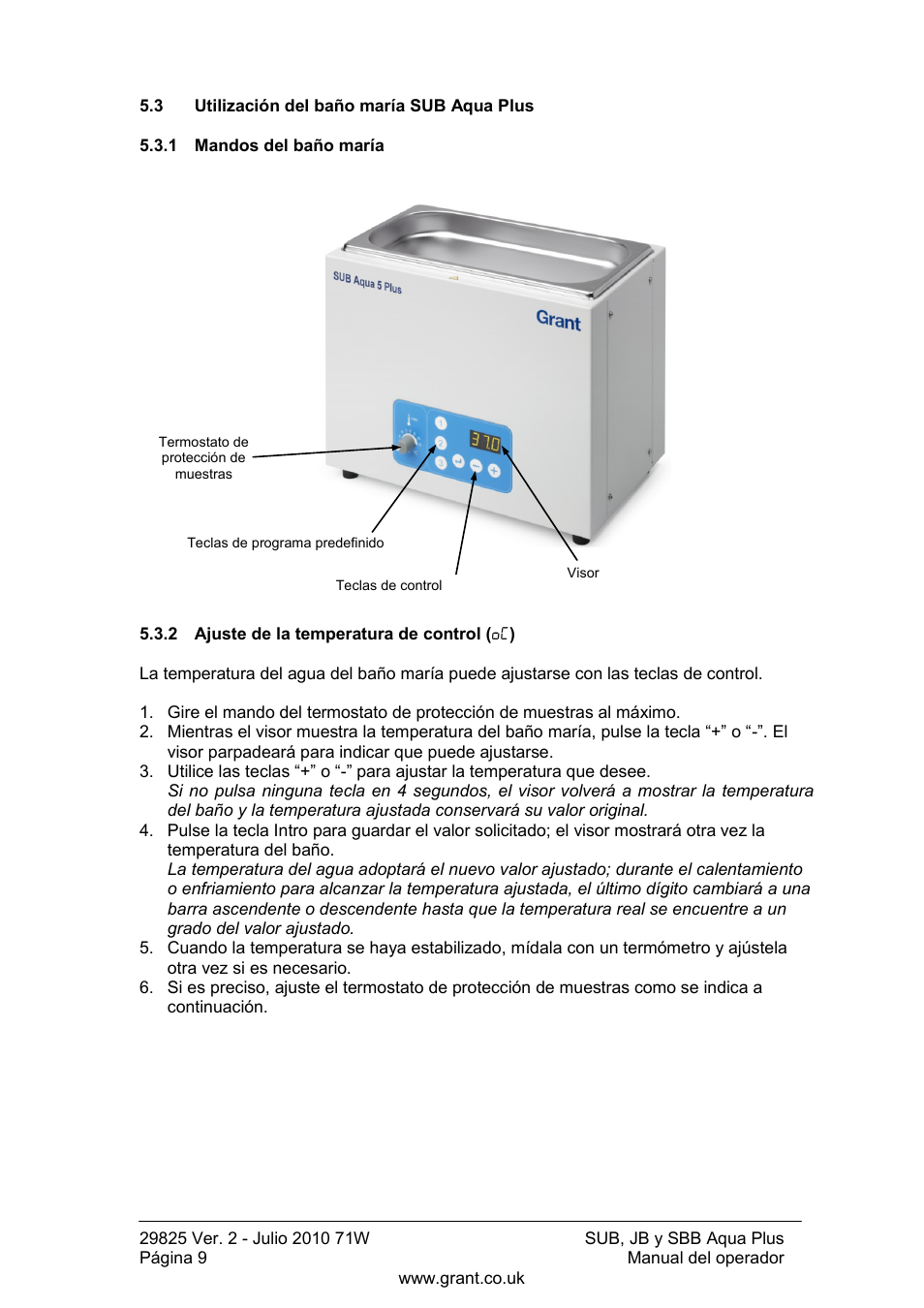 Utilización del baño maría sub aqua plus, Mandos del baño maría, Ajuste de la temperatura de control | Grant Instruments SBB Aqua Plus User Manual | Page 90 / 104