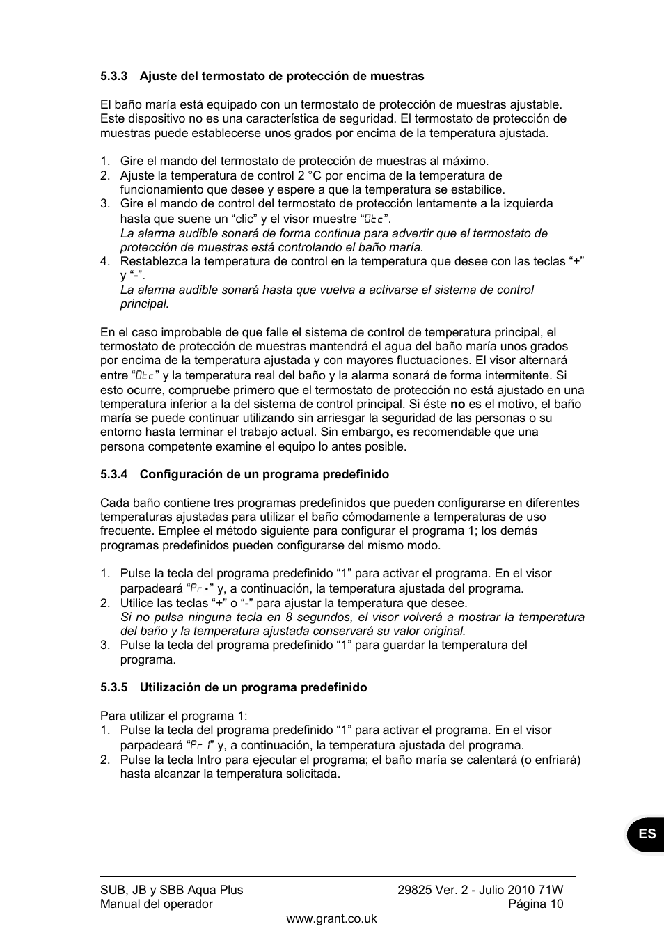 Ajuste del termostato de protección de muestras, Configuración de un programa predefinido, Utilización de un programa predefinido | Grant Instruments SBB Aqua Plus User Manual | Page 91 / 104