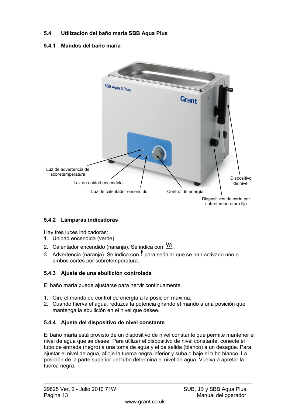 Utilización del baño maría sbb aqua plus, Mandos del baño maría, Lámparas indicadoras | Ajuste de una ebullición controlada, Ajuste del dispositivo de nivel constante | Grant Instruments SBB Aqua Plus User Manual | Page 94 / 104