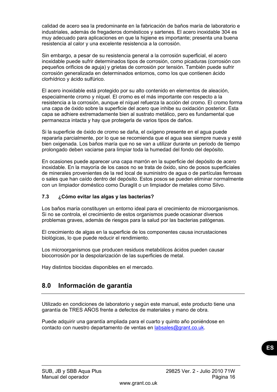 Cómo evitar las algas y las bacterias, 0 información de garantía | Grant Instruments SBB Aqua Plus User Manual | Page 97 / 104