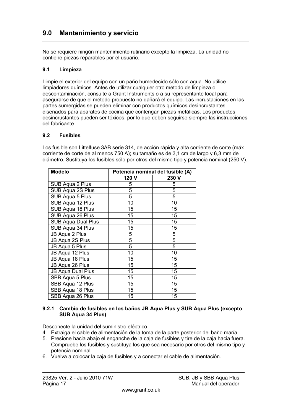 0 mantenimiento y servicio, Limpieza, Fusibles | Grant Instruments SBB Aqua Plus User Manual | Page 98 / 104