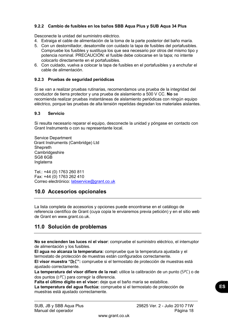 Pruebas de seguridad periódicas, Servicio, 0 accesorios opcionales | 0 solución de problemas | Grant Instruments SBB Aqua Plus User Manual | Page 99 / 104