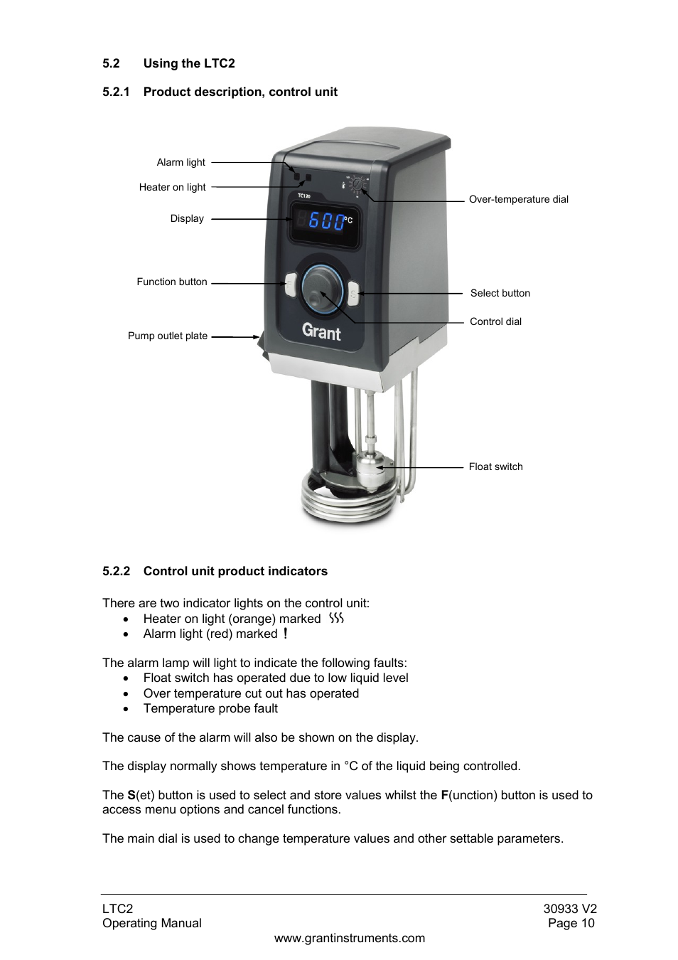 Using the ltc2, Product description, control unit, Control unit product indicators | Grant Instruments LTC2 User Manual | Page 11 / 28