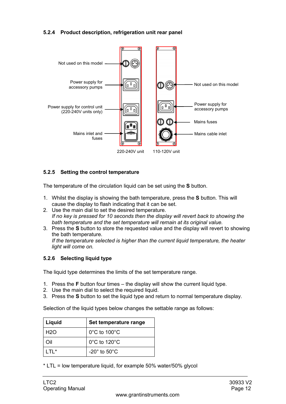 Product description, refrigeration unit rear panel, Setting the control temperature, 6 selecting liquid type | Grant Instruments LTC2 User Manual | Page 13 / 28