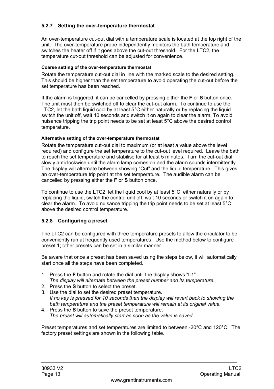 Setting the over-temperature thermostat, Configuring a preset | Grant Instruments LTC2 User Manual | Page 14 / 28