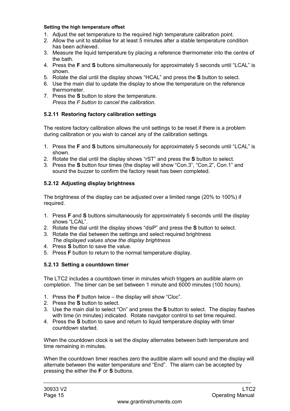 11 restoring factory calibration settings, 12 adjusting display brightness, 13 setting a countdown timer | Grant Instruments LTC2 User Manual | Page 16 / 28