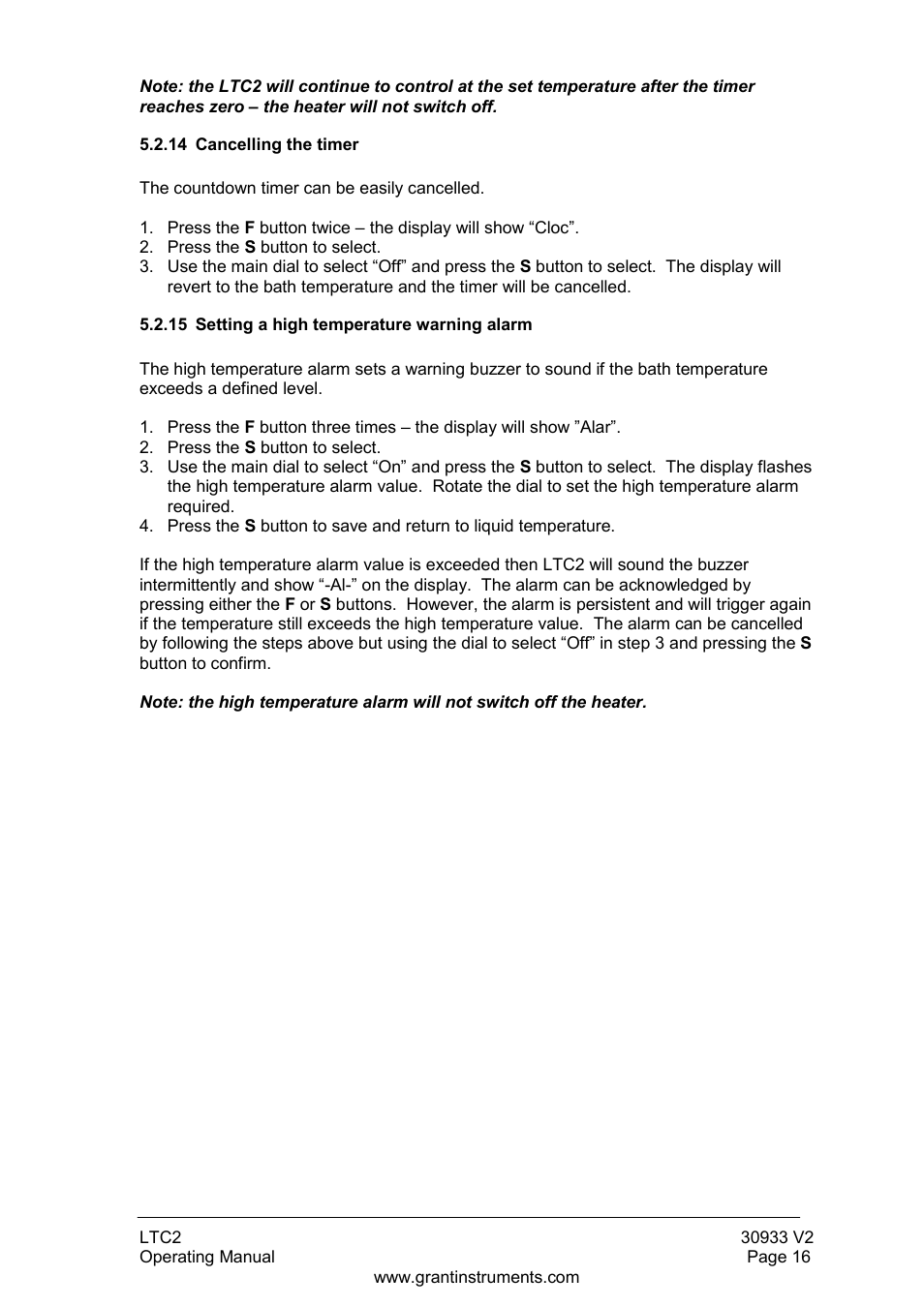 Cancelling the timer, 15 setting a high temperature warning alarm | Grant Instruments LTC2 User Manual | Page 17 / 28