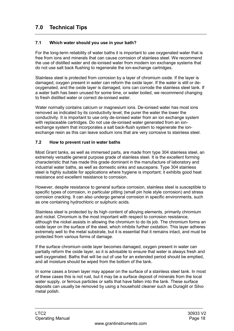 0 technical tips, 1 which water should you use in your bath, 2 how to prevent rust in water baths | Grant Instruments LTC2 User Manual | Page 19 / 28