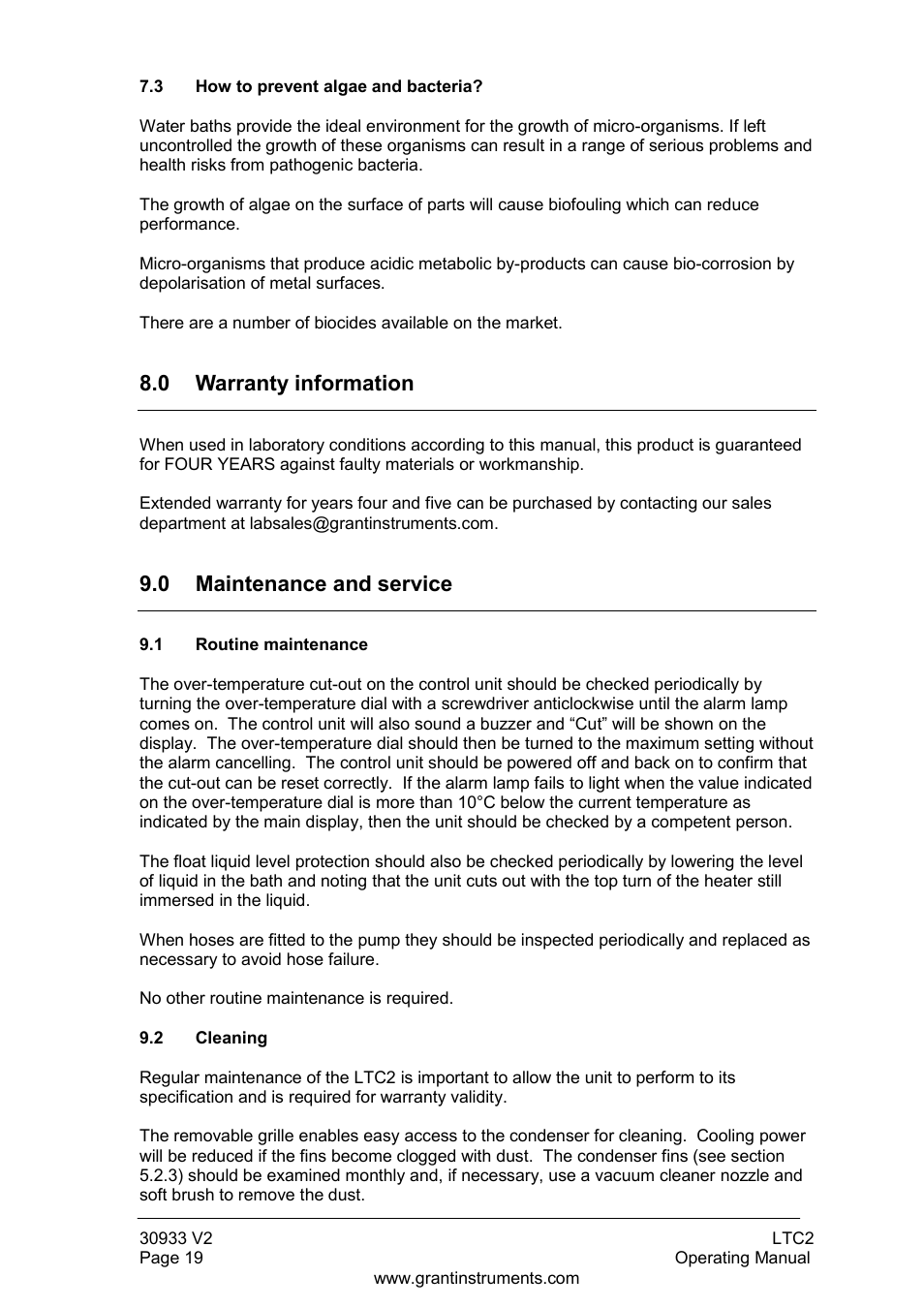 3 how to prevent algae and bacteria, 0 warranty information, 0 maintenance and service | Routine maintenance, Cleaning | Grant Instruments LTC2 User Manual | Page 20 / 28
