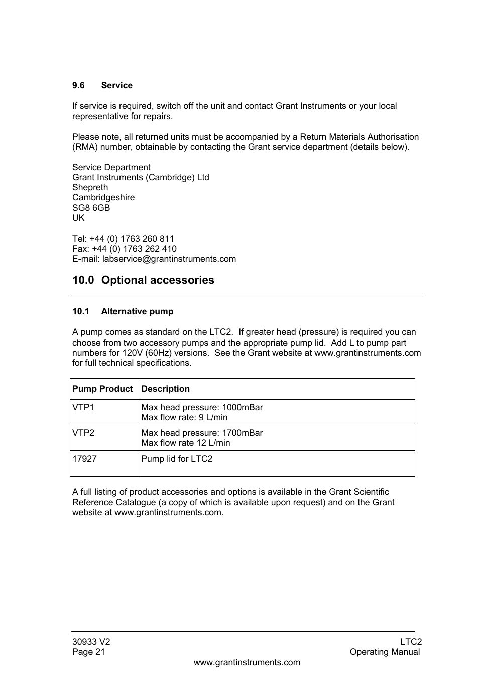 Service, 0 optional accessories, Alternative pump | Grant Instruments LTC2 User Manual | Page 22 / 28