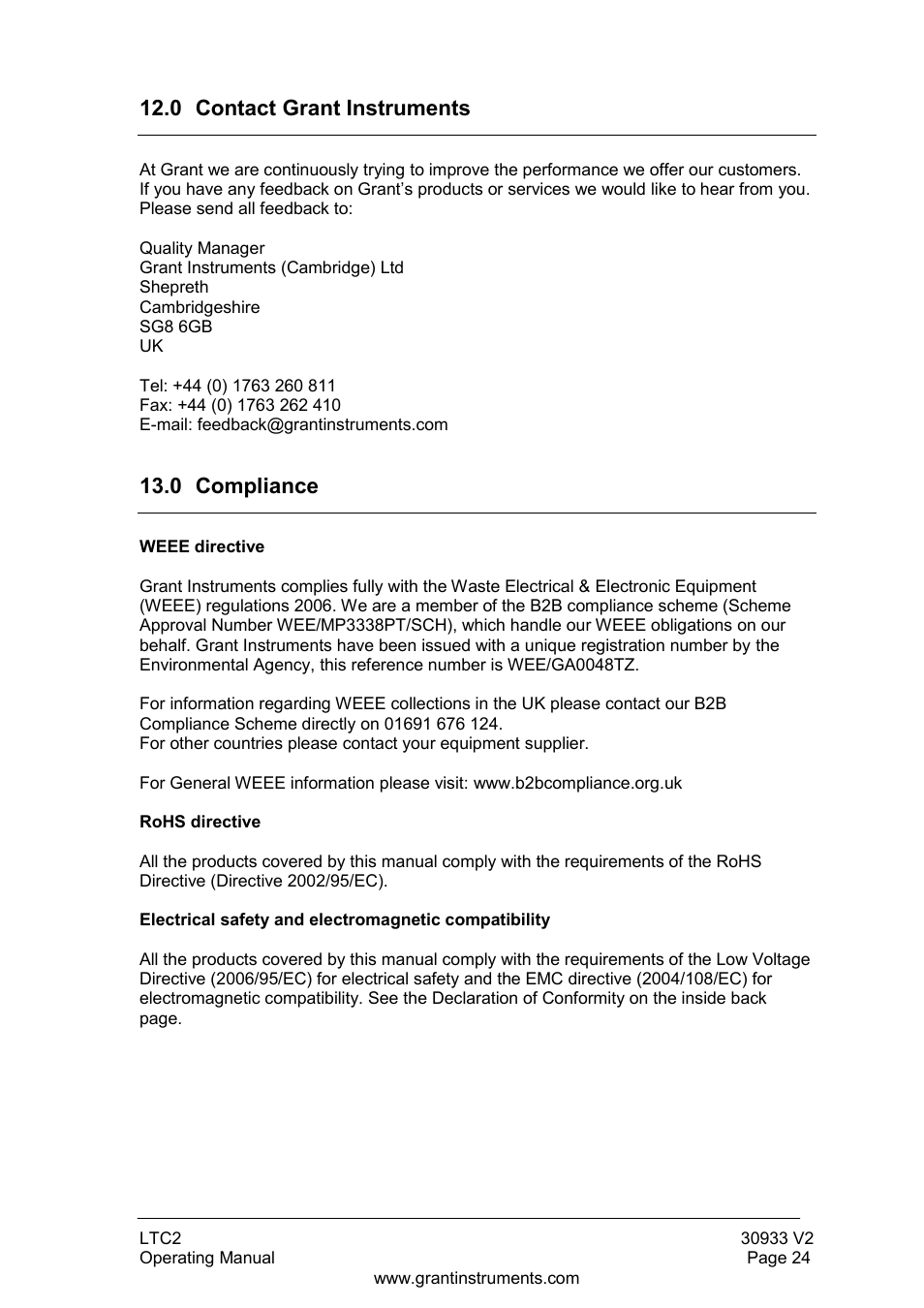 0 contact grant instruments, 0 compliance | Grant Instruments LTC2 User Manual | Page 25 / 28