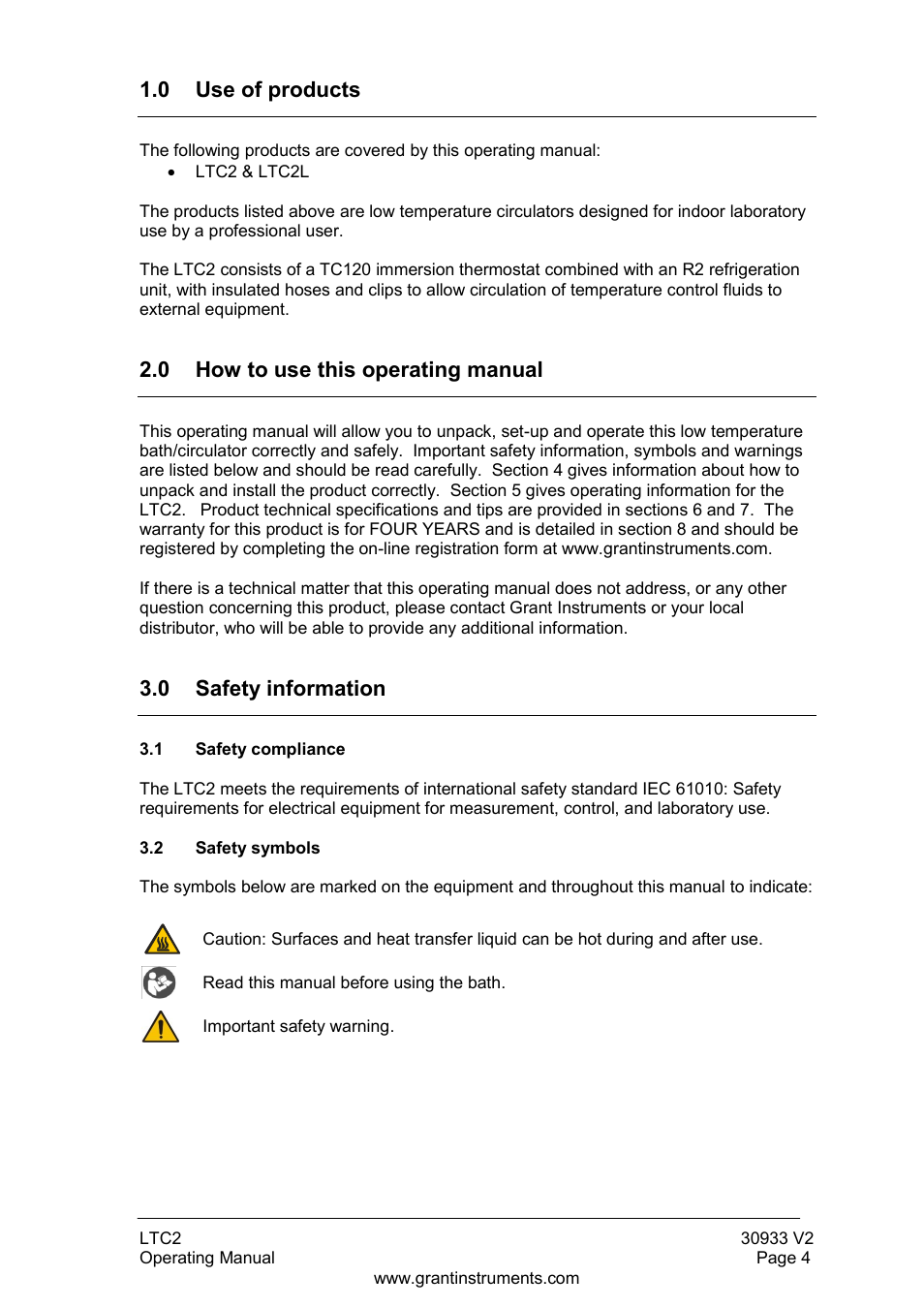 0 use of products, 0 how to use this operating manual, 0 safety information | Safety compliance, Safety symbols | Grant Instruments LTC2 User Manual | Page 5 / 28