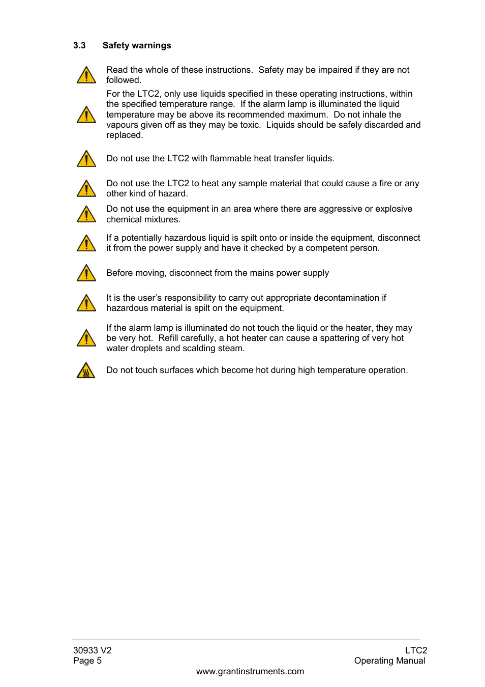 Safety warnings | Grant Instruments LTC2 User Manual | Page 6 / 28