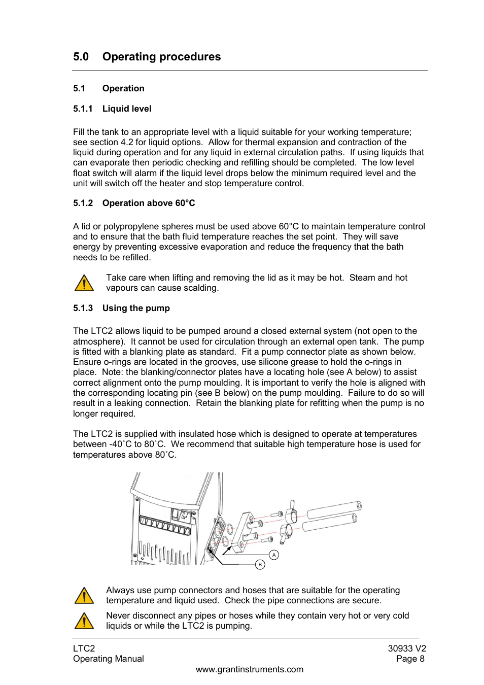 0 operating procedures, 1 operation, 1 liquid level | 2 operation above 60°c, Using the pump | Grant Instruments LTC2 User Manual | Page 9 / 28