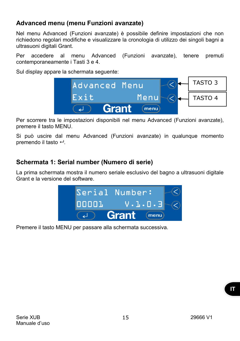 Advanced menu (menu funzioni avanzate), Schermata 1: serial number (numero di serie) | Grant Instruments XUB Series User Manual | Page 109 / 156