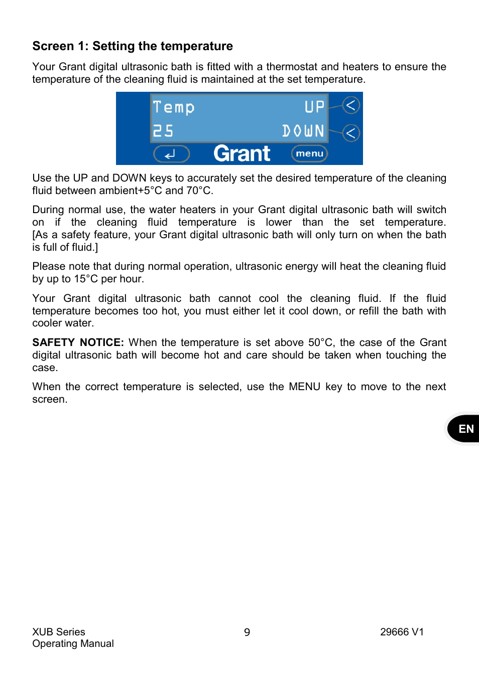 Screen 1: setting the temperature | Grant Instruments XUB Series User Manual | Page 11 / 156