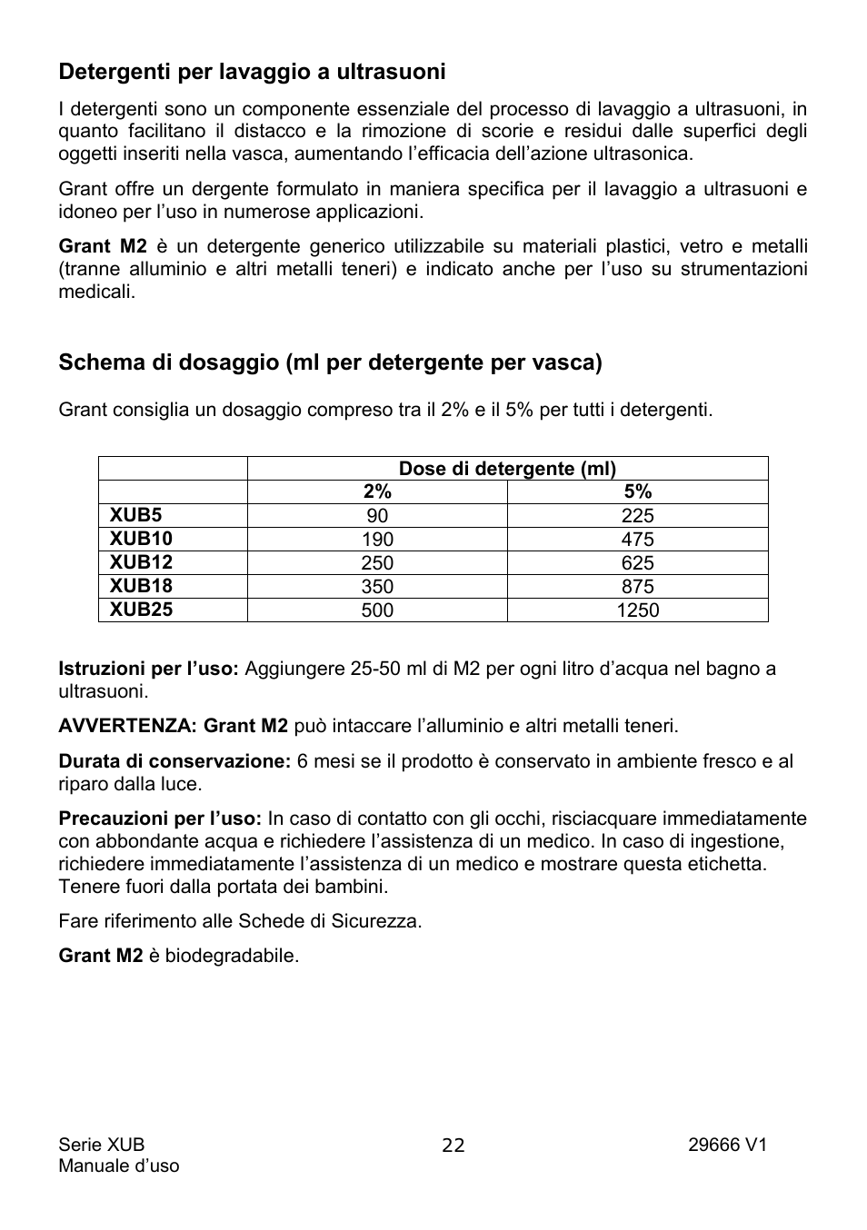 Detergenti per lavaggio a ultrasuoni, Schema di dosaggio (ml per detergente per vasca) | Grant Instruments XUB Series User Manual | Page 116 / 156