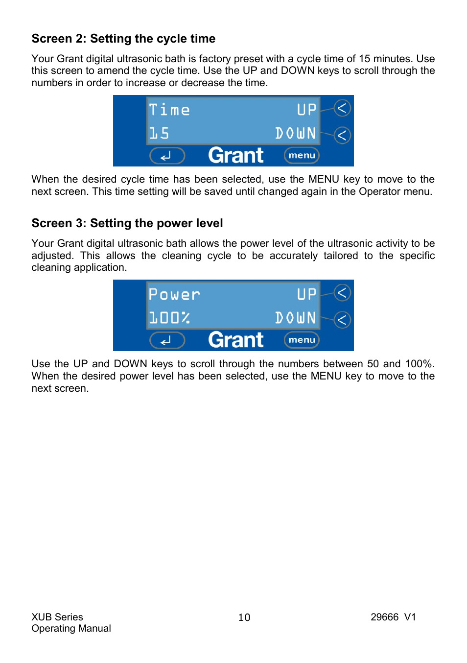 Screen 2: setting the cycle time, Screen 3: setting the power level | Grant Instruments XUB Series User Manual | Page 12 / 156