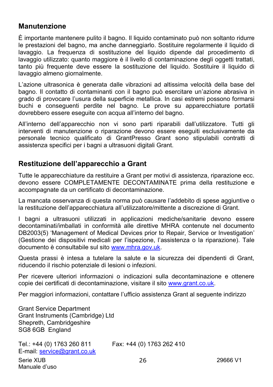 Manutenzione, Restituzione dell’apparecchio a grant | Grant Instruments XUB Series User Manual | Page 120 / 156