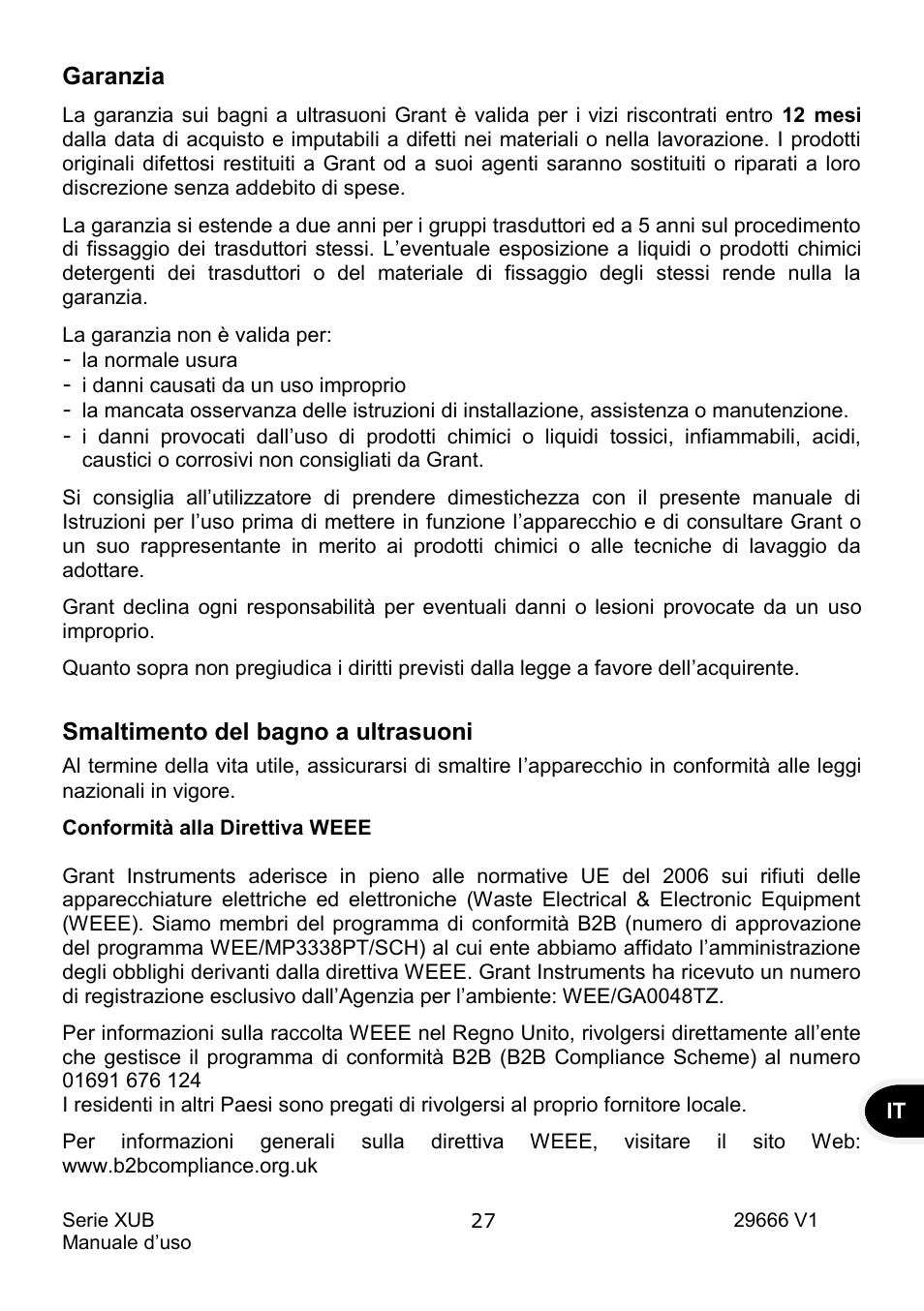 Garanzia, Smaltimento del bagno a ultrasuoni | Grant Instruments XUB Series User Manual | Page 121 / 156