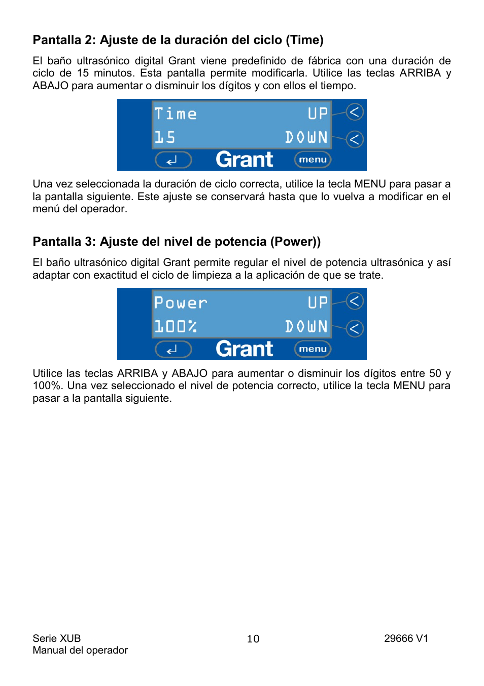 Pantalla 2: ajuste de la duración del ciclo (time), Pantalla 3: ajuste del nivel de potencia (power)) | Grant Instruments XUB Series User Manual | Page 134 / 156