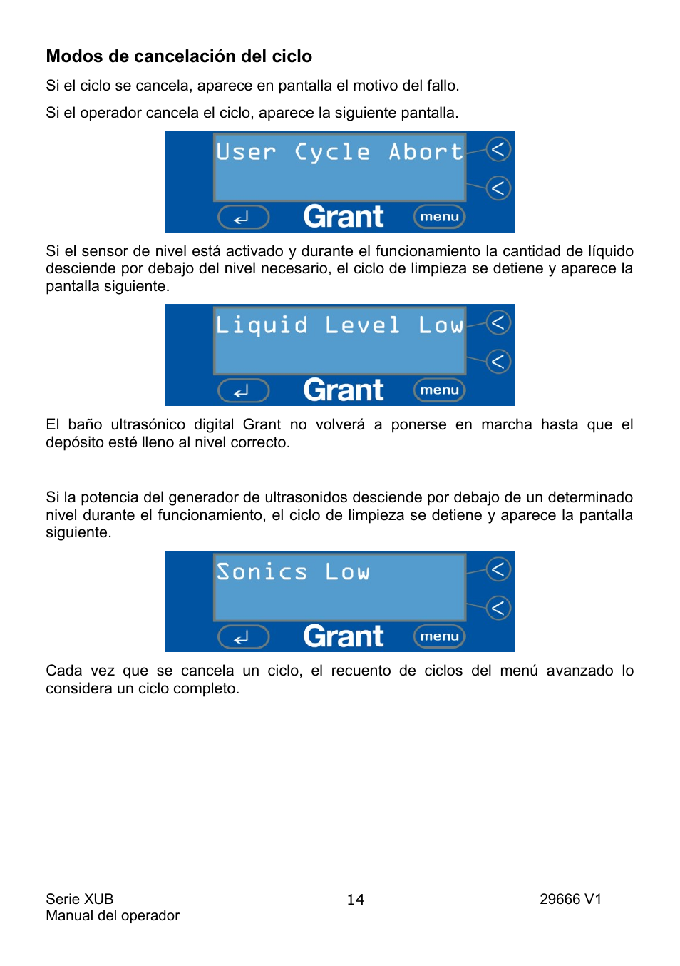 Modos de cancelación del ciclo | Grant Instruments XUB Series User Manual | Page 138 / 156