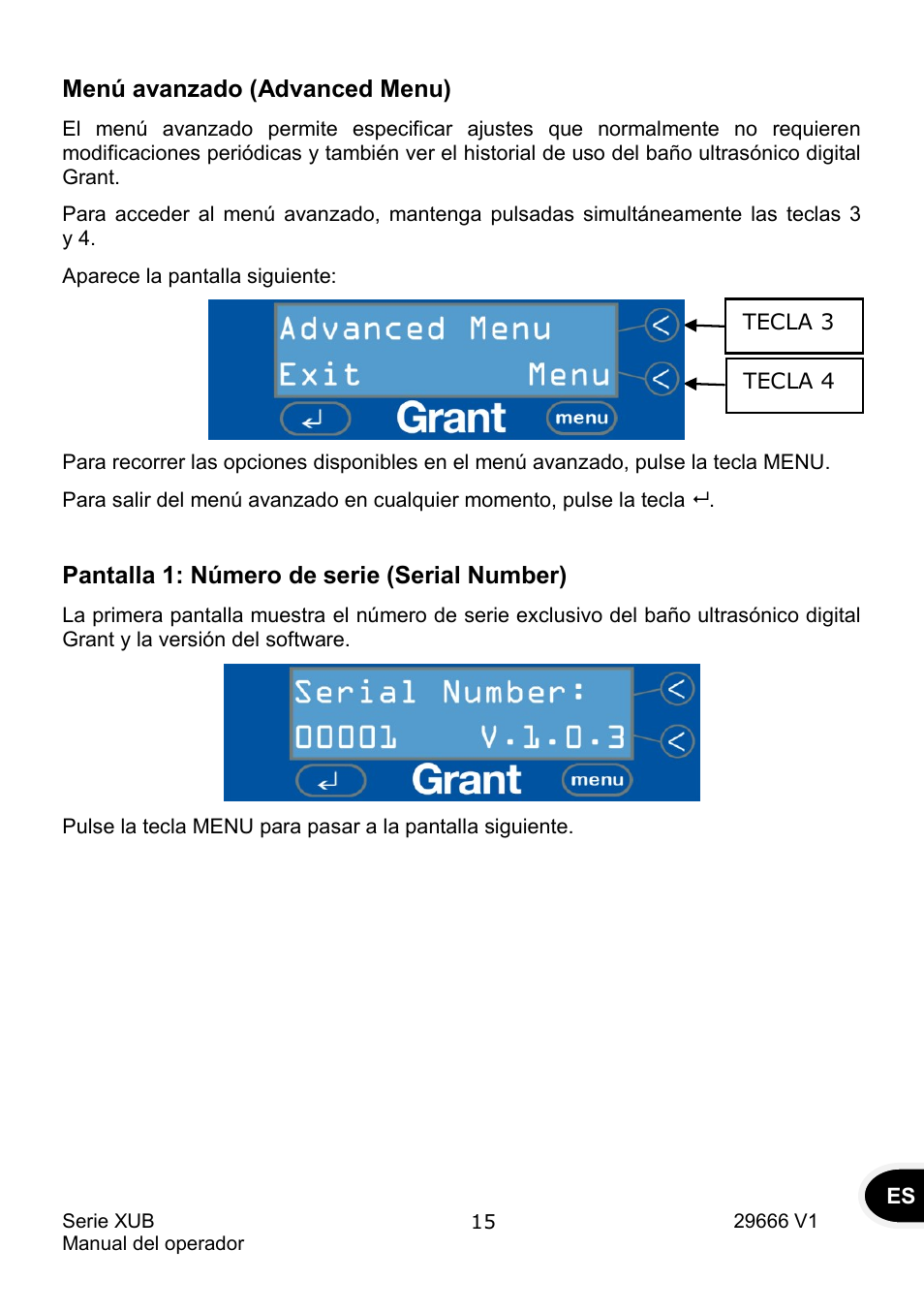 Menú avanzado (advanced menu), Pantalla 1: número de serie (serial number) | Grant Instruments XUB Series User Manual | Page 139 / 156