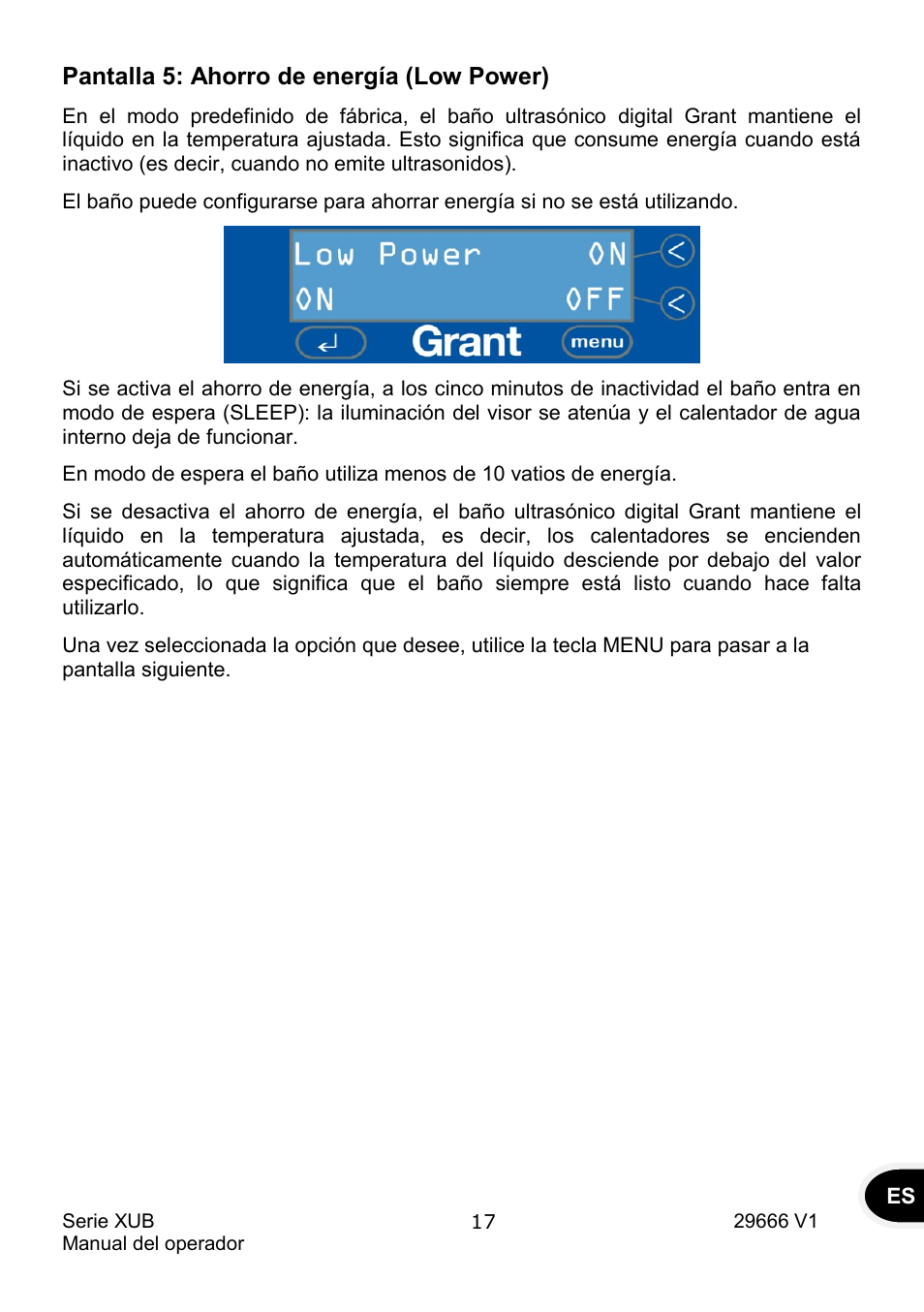 Pantalla 5: ahorro de energía (low power) | Grant Instruments XUB Series User Manual | Page 141 / 156