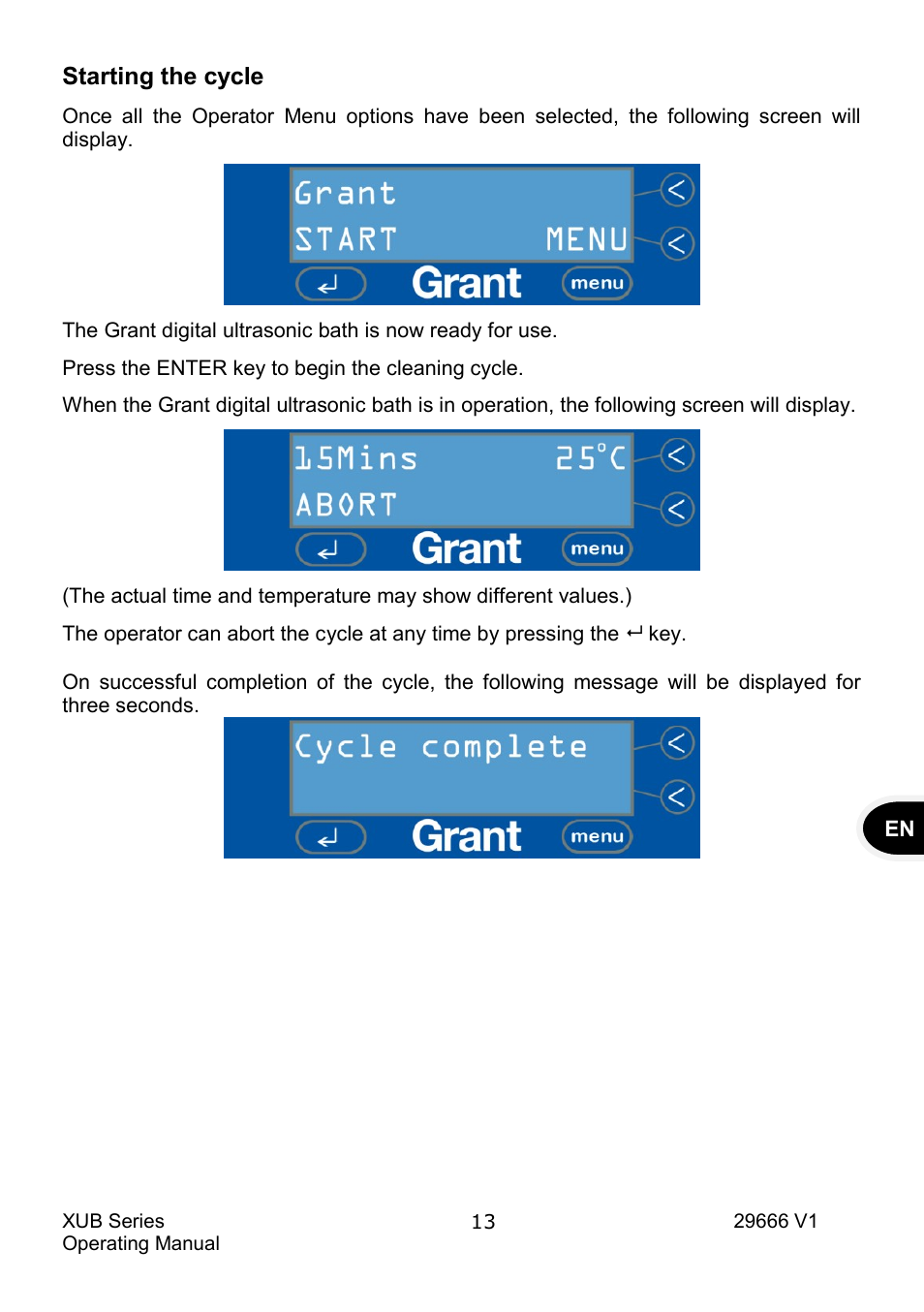 Starting the cycle | Grant Instruments XUB Series User Manual | Page 15 / 156