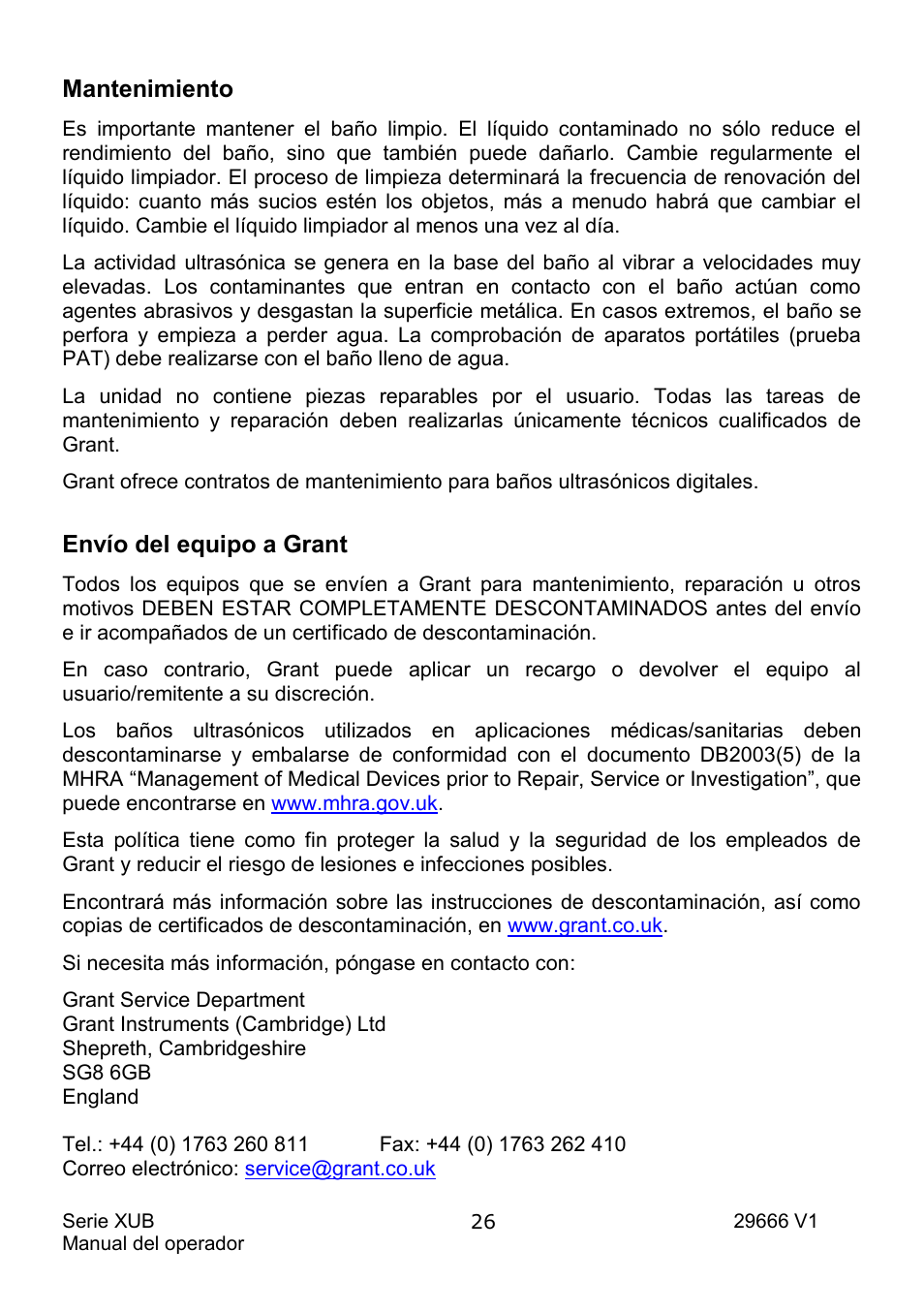 Mantenimiento, Envío del equipo a grant | Grant Instruments XUB Series User Manual | Page 150 / 156