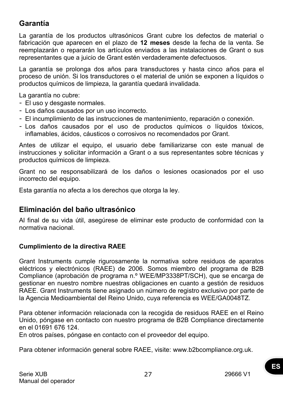 Garantía, Eliminación del baño ultrasónico | Grant Instruments XUB Series User Manual | Page 151 / 156