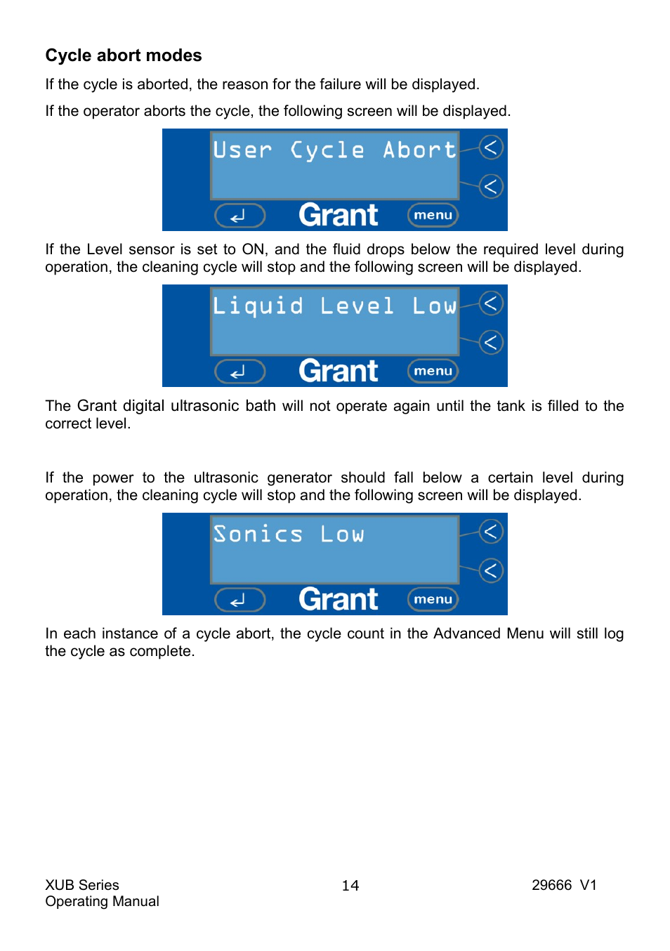 Cycle abort modes | Grant Instruments XUB Series User Manual | Page 16 / 156