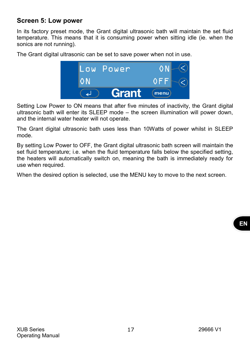 Screen 5: low power | Grant Instruments XUB Series User Manual | Page 19 / 156