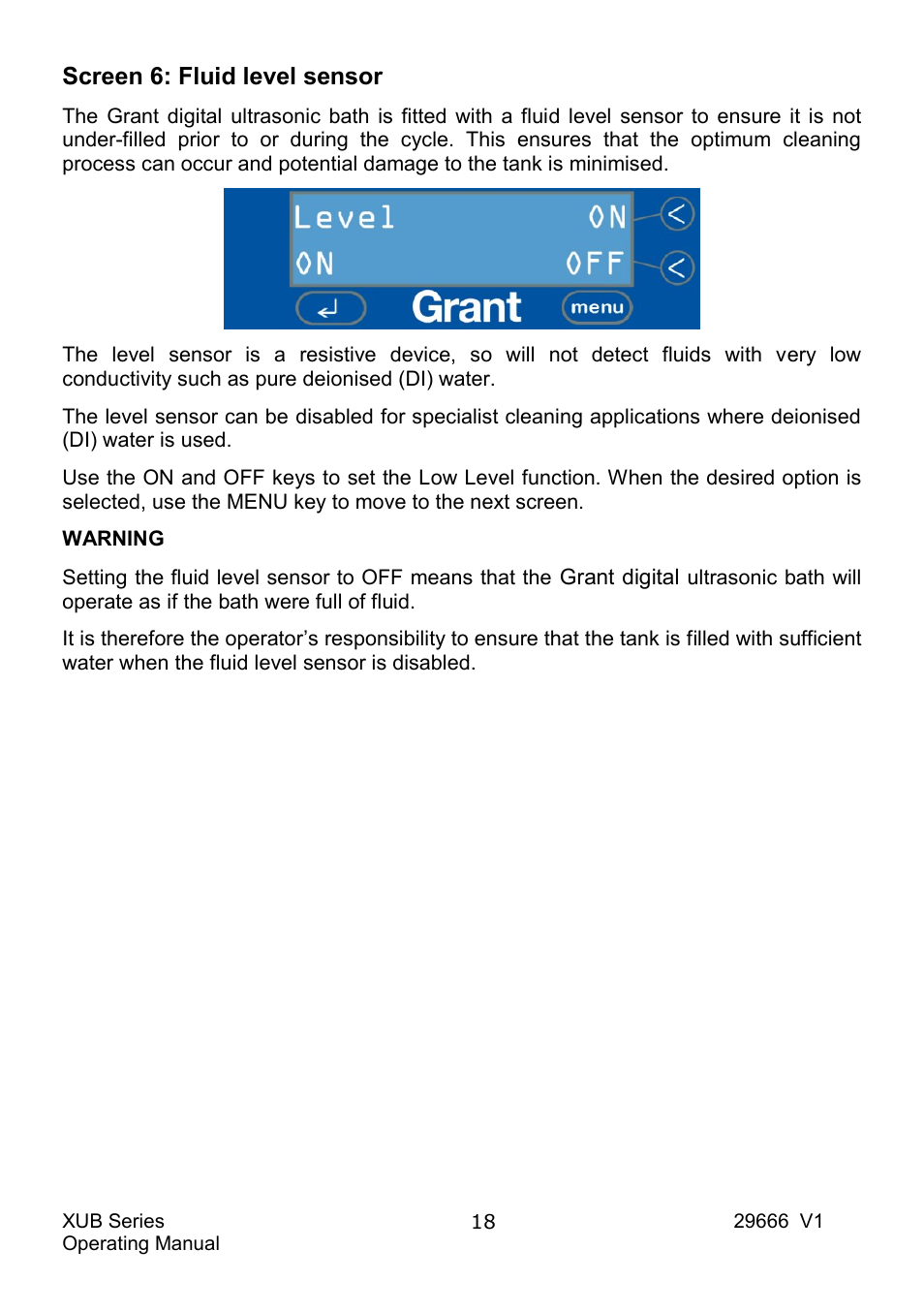 Screen 6: fluid level sensor | Grant Instruments XUB Series User Manual | Page 20 / 156