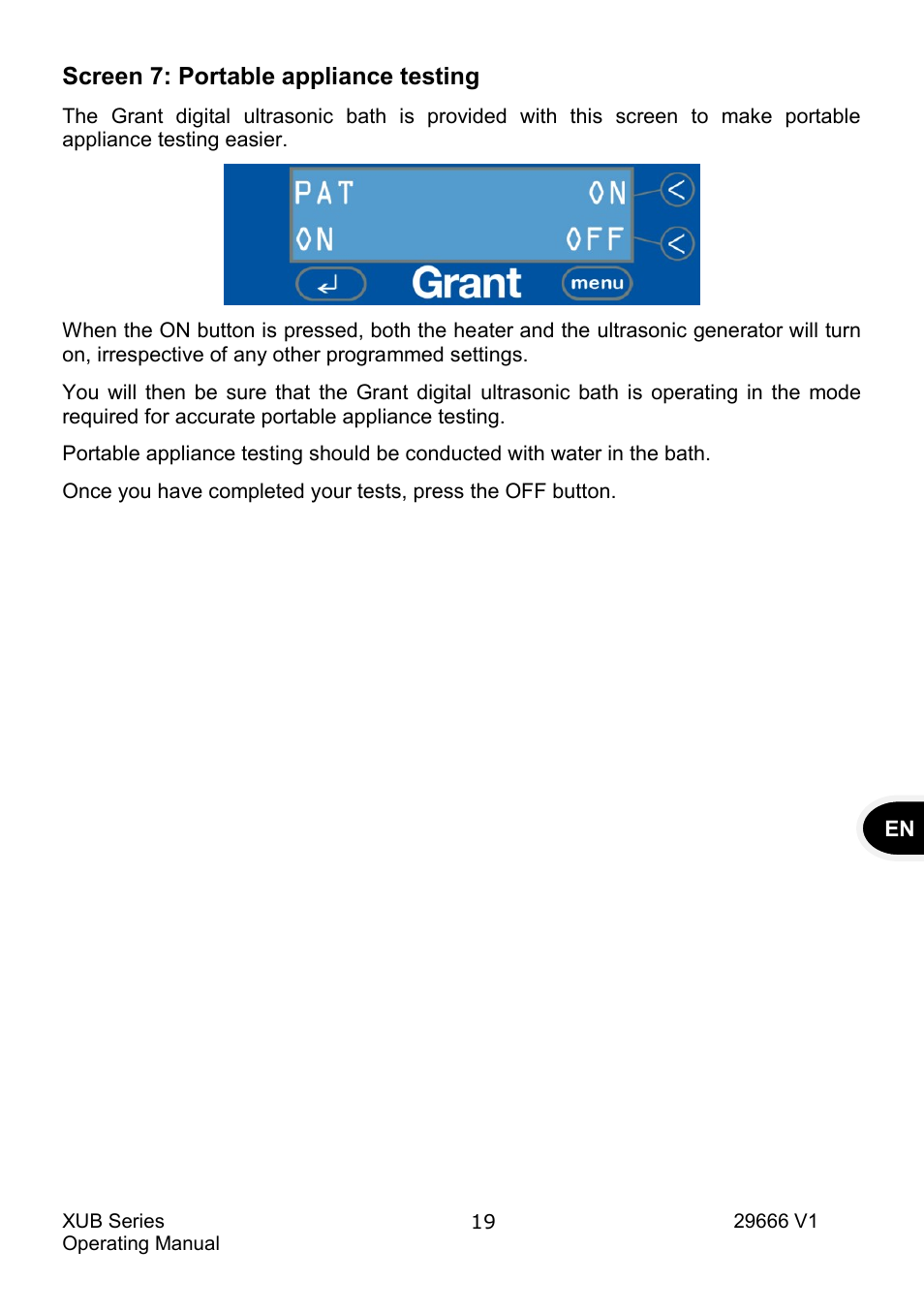 Screen 7: portable appliance testing | Grant Instruments XUB Series User Manual | Page 21 / 156