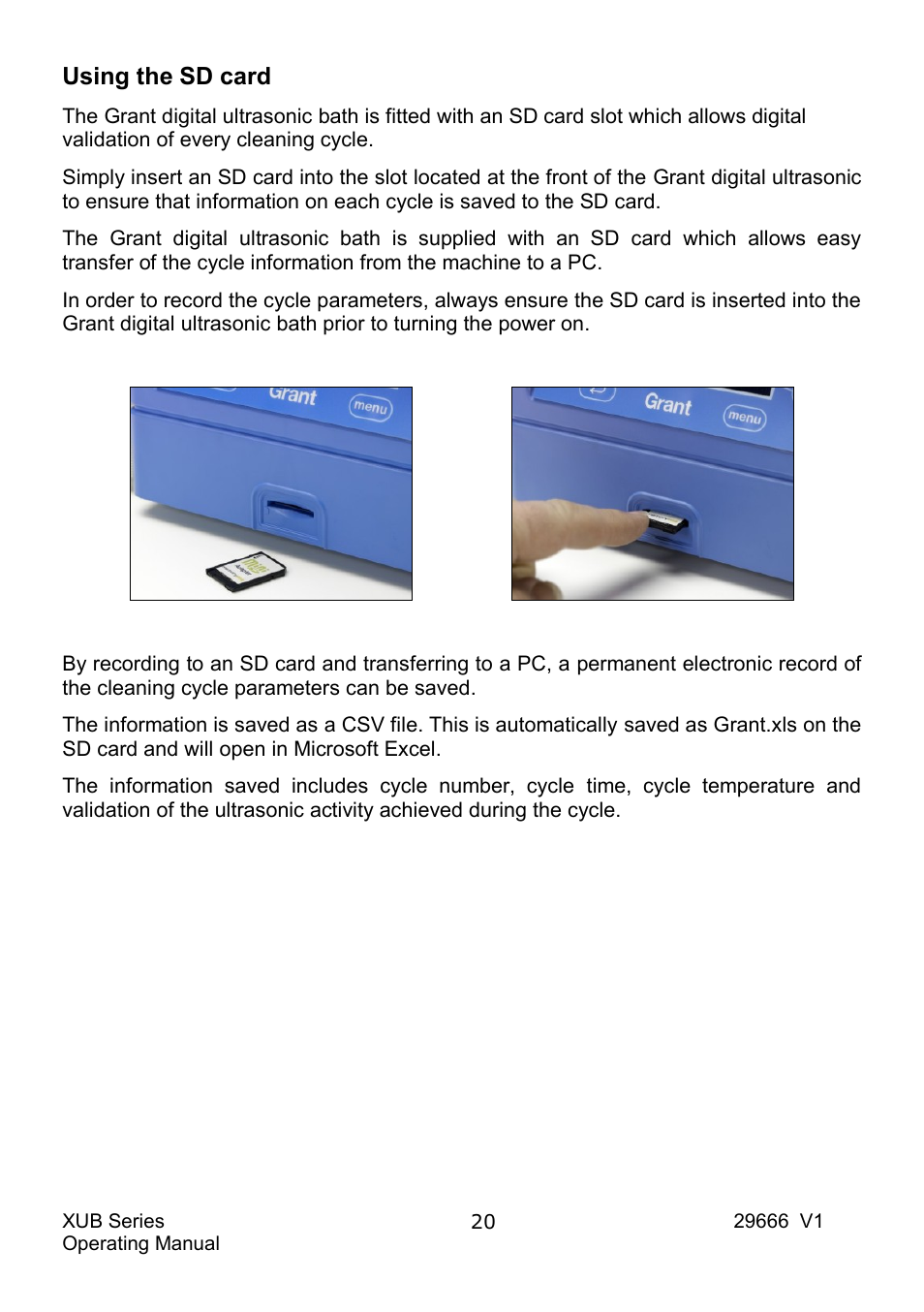 Using the sd card | Grant Instruments XUB Series User Manual | Page 22 / 156