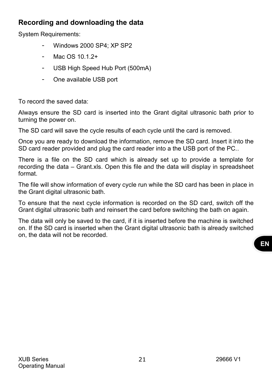 Recording the data, Recording and downloading the data | Grant Instruments XUB Series User Manual | Page 23 / 156